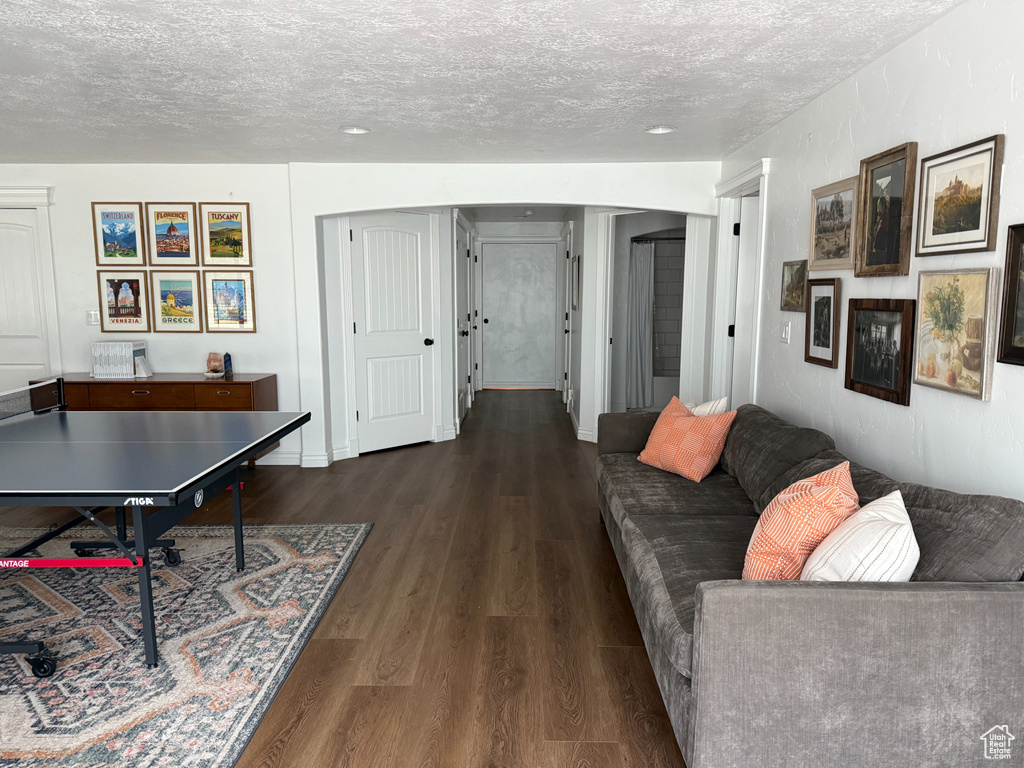 Living area with a textured ceiling and dark wood-style floors
