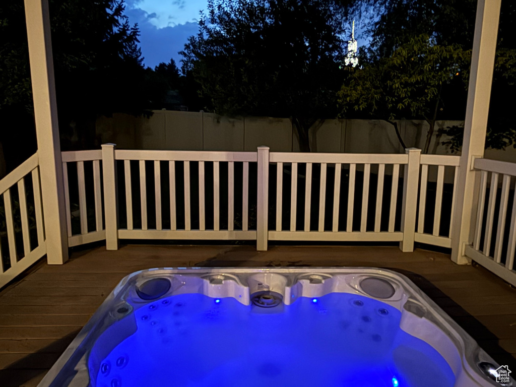 View of swimming pool with a deck and a pergola