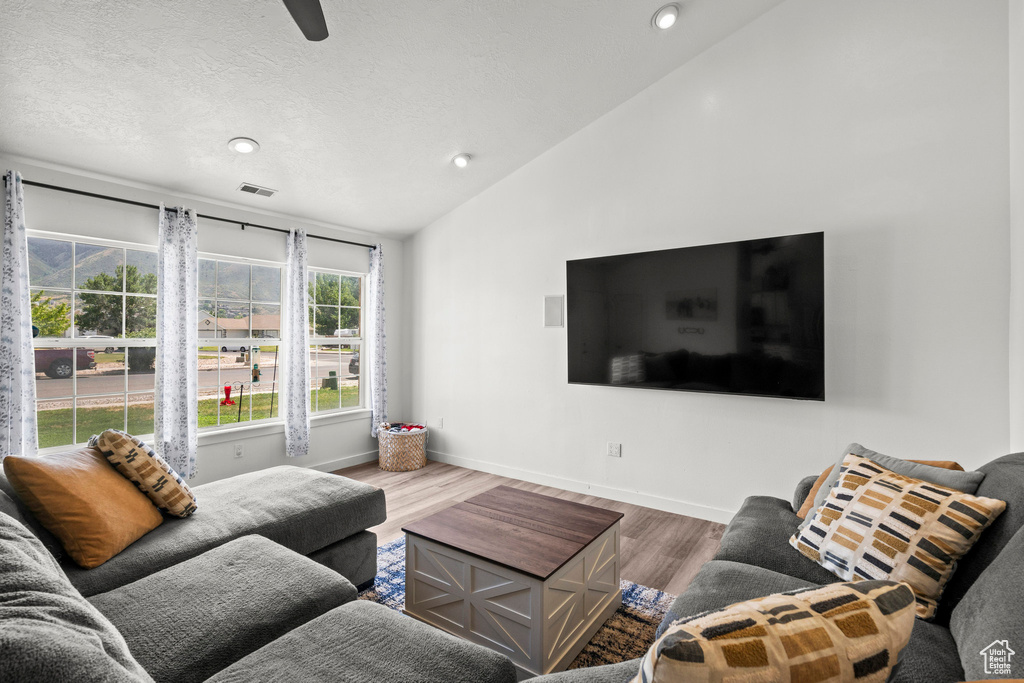 Living room featuring wood finished floors, lofted ceiling, and recessed lighting