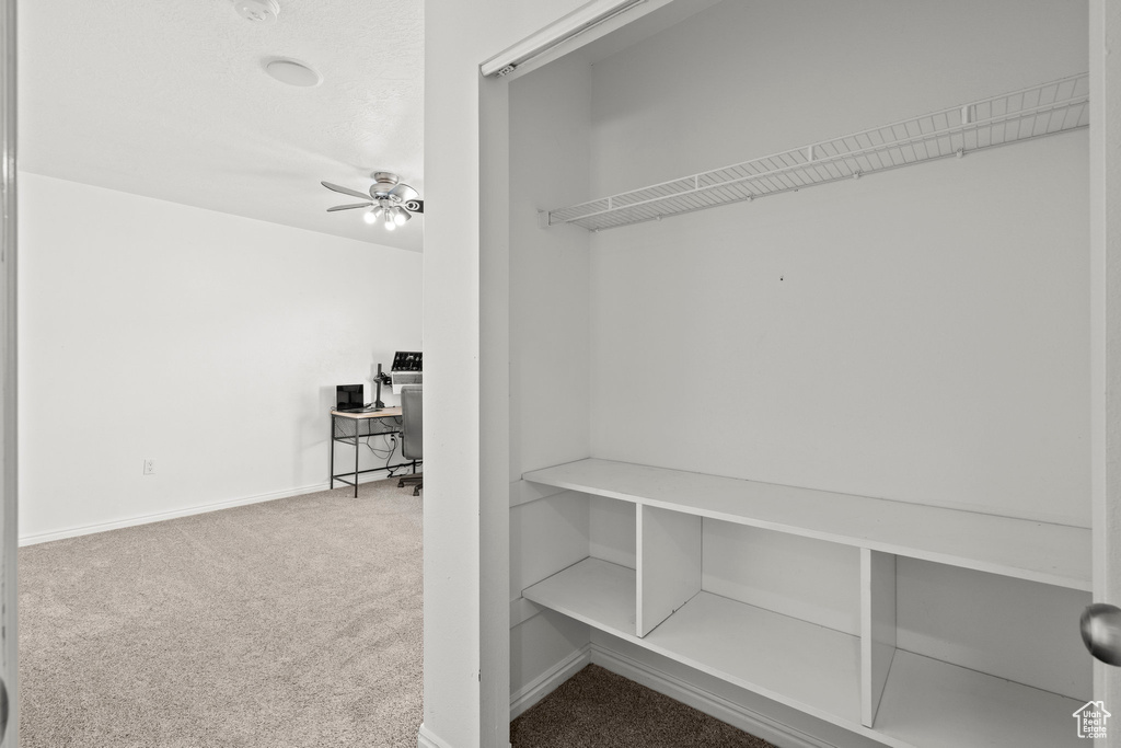 Spacious closet with carpet flooring and a ceiling fan