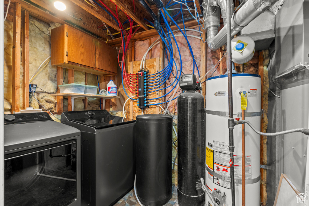 Laundry area with washer and dryer, strapped water heater, and heating unit