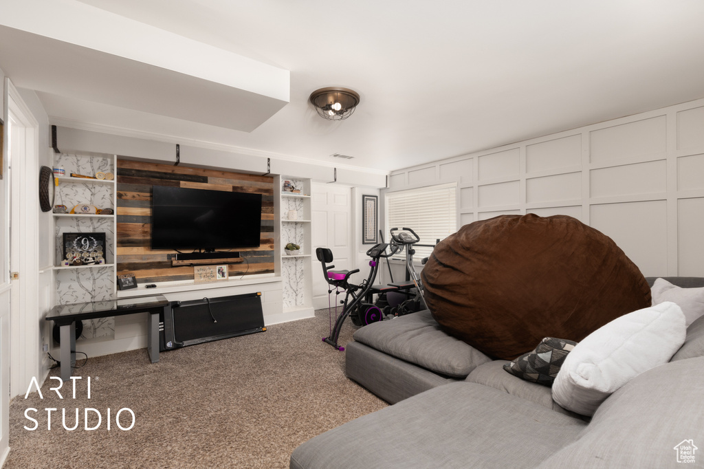 Living area with carpet floors