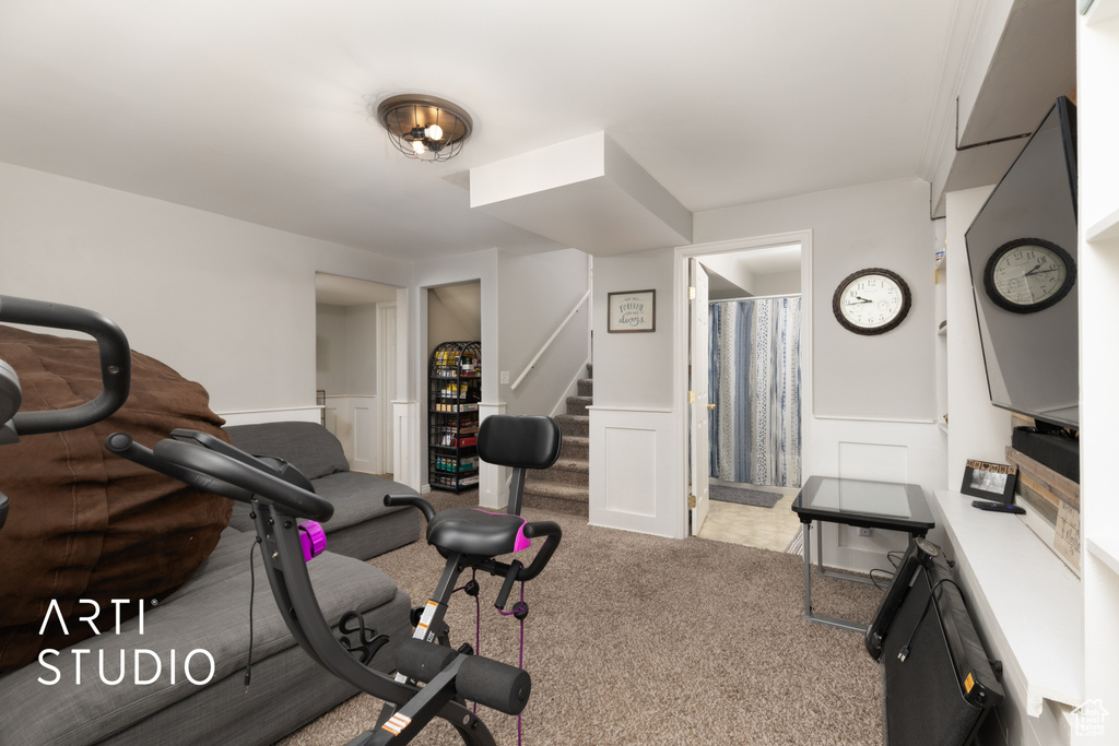 Workout room with a wainscoted wall, a decorative wall, and carpet flooring