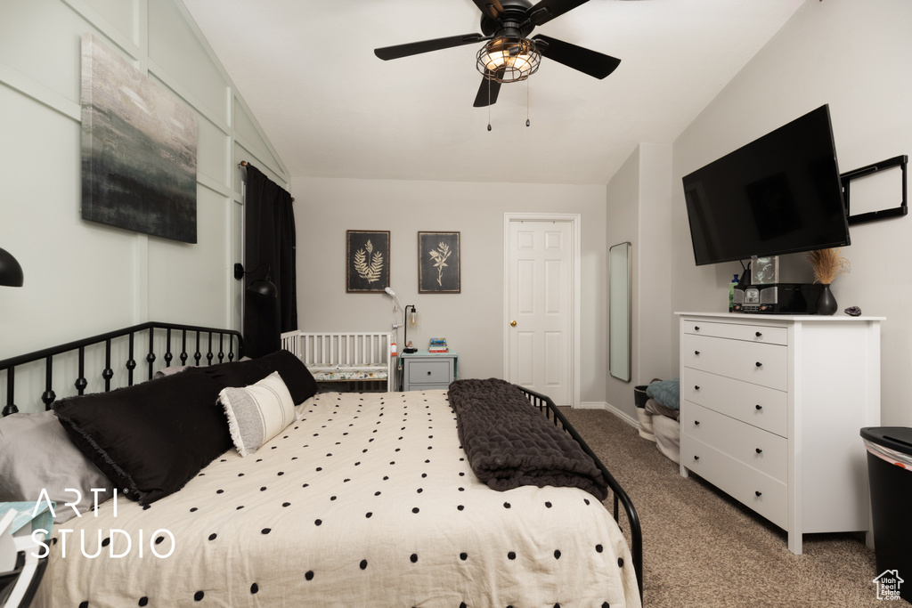 Bedroom with carpet floors and ceiling fan