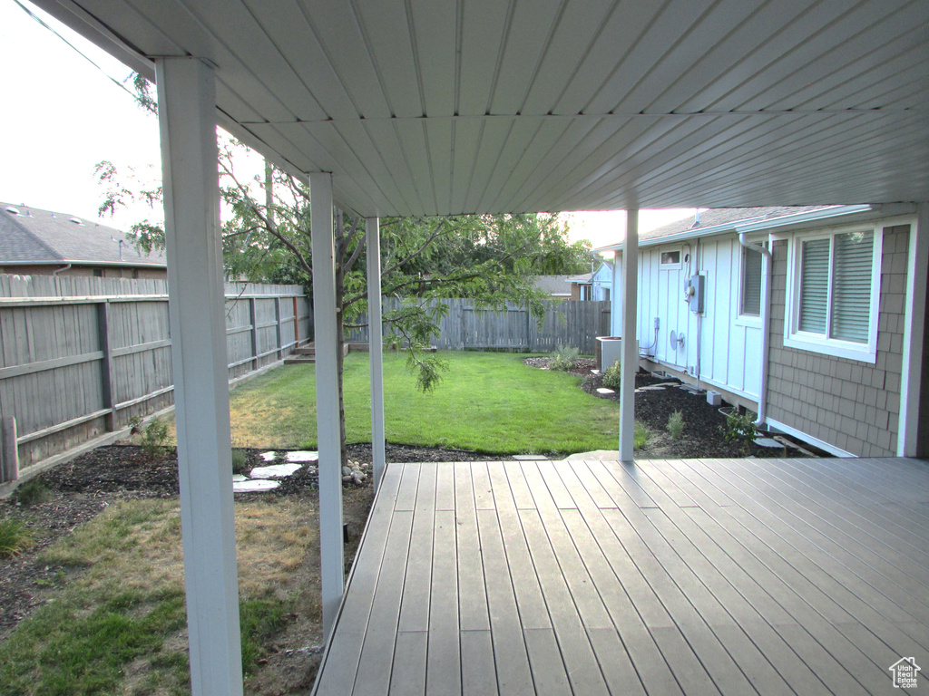 Wooden terrace featuring a fenced backyard