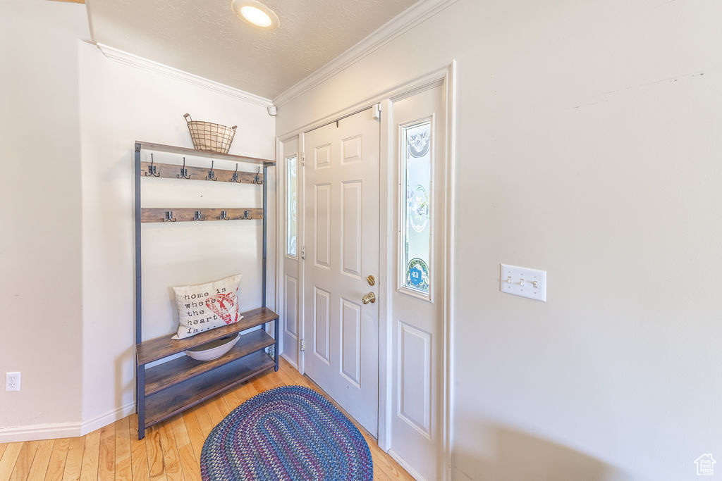 Foyer entrance featuring ornamental molding and light wood-type flooring
