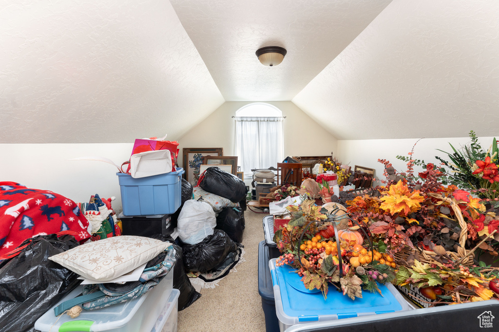 Bonus room featuring carpet floors, a textured ceiling, and lofted ceiling