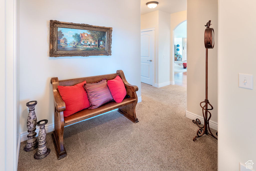Living area with carpet flooring and arched walkways