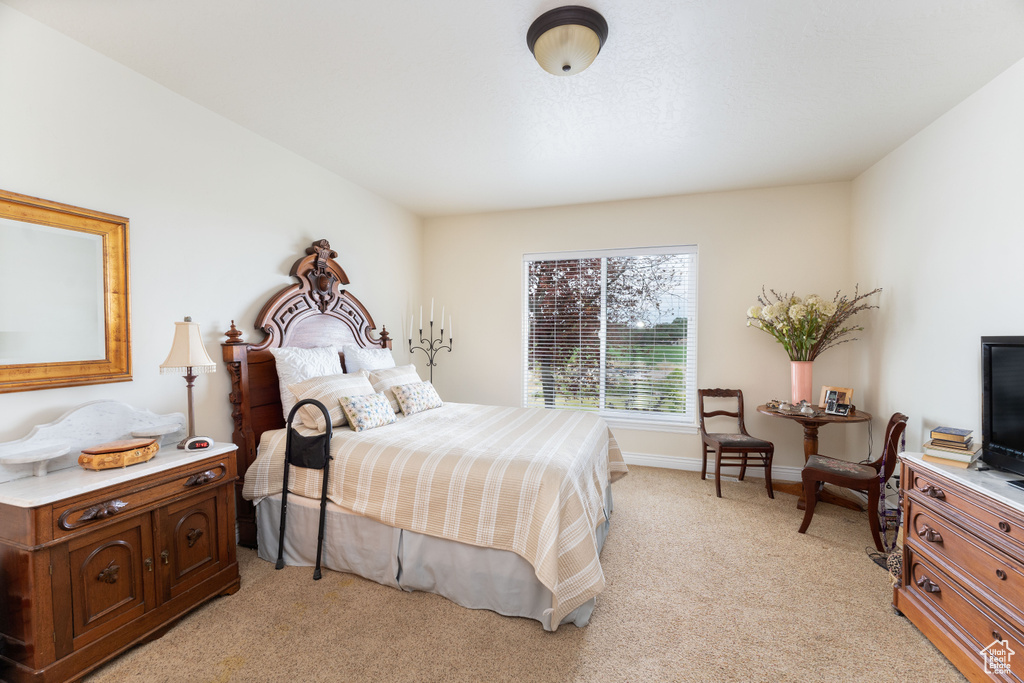 Bedroom with light colored carpet and baseboards