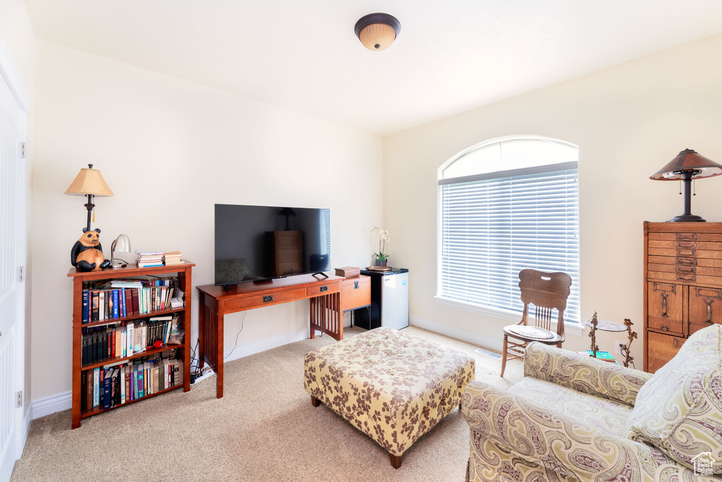 Living room with carpet floors and a desk