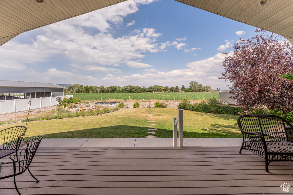 Wooden terrace featuring a yard