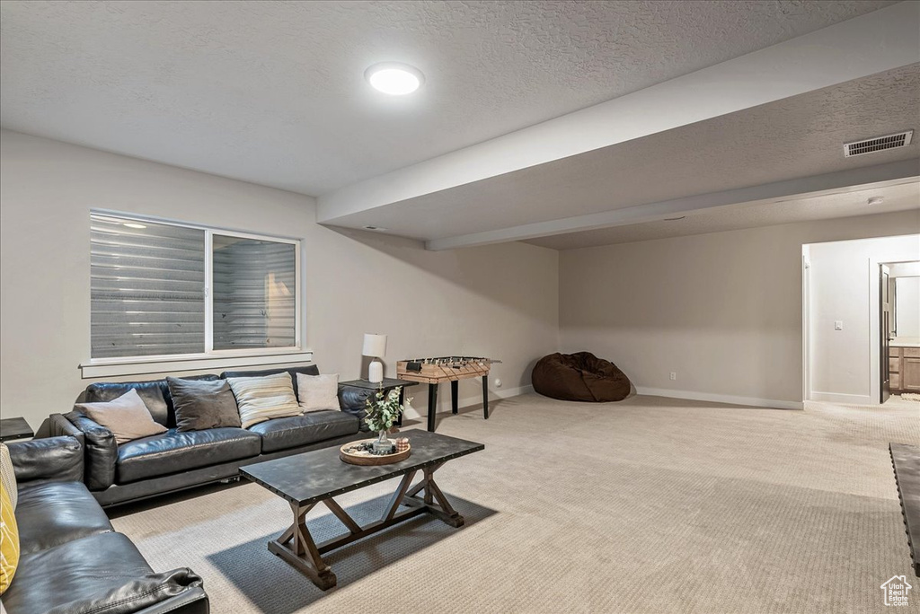 Carpeted living room featuring baseboards and a textured ceiling