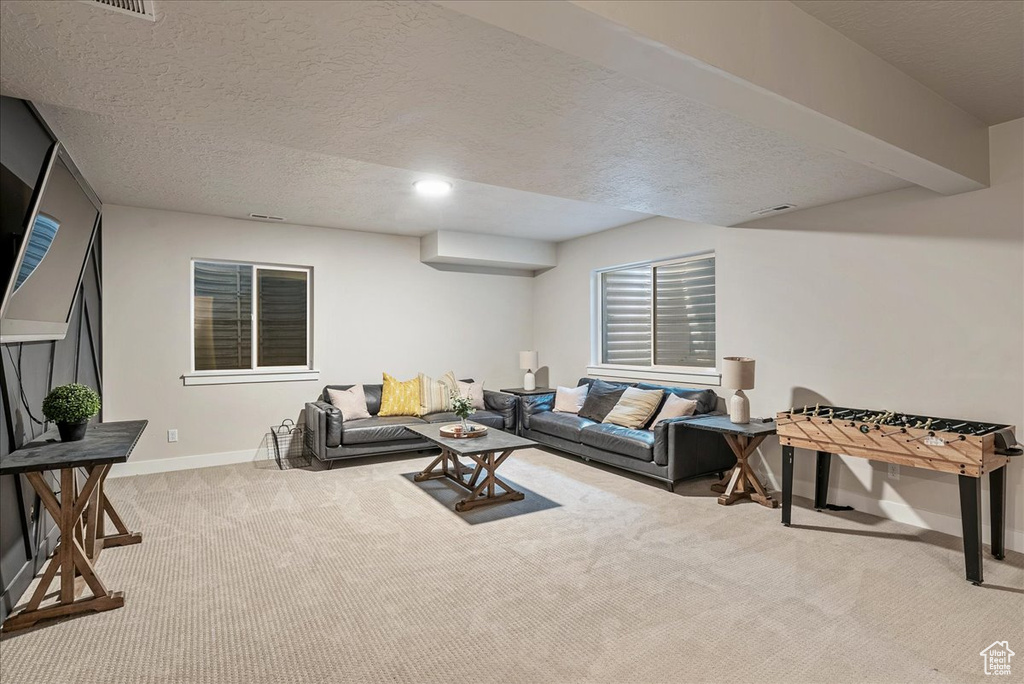 Living room with carpet flooring and a textured ceiling