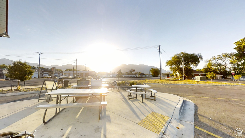 View of patio featuring a mountain view