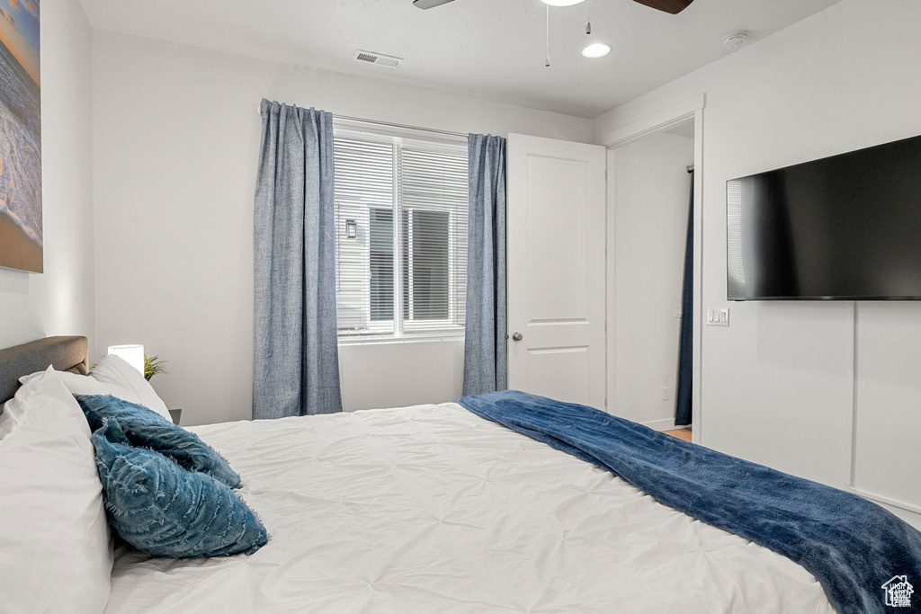 Bedroom featuring a ceiling fan and recessed lighting