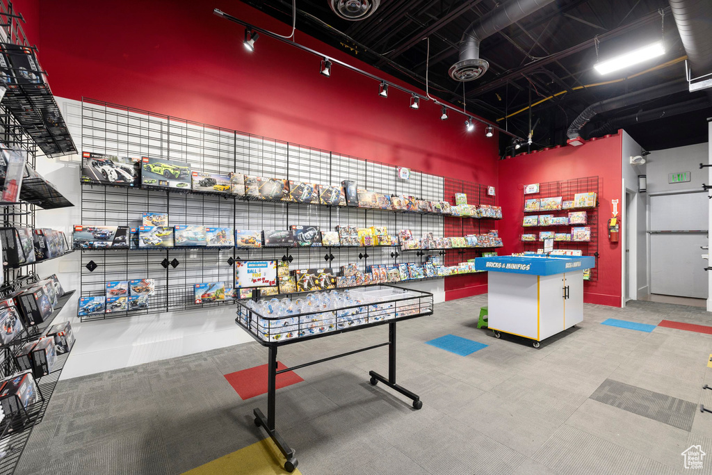 Playroom with rail lighting and a towering ceiling