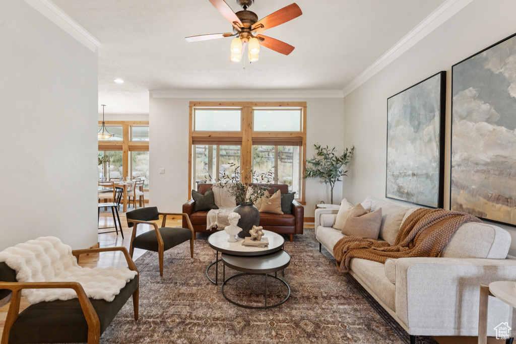 Living area with crown molding and ceiling fan