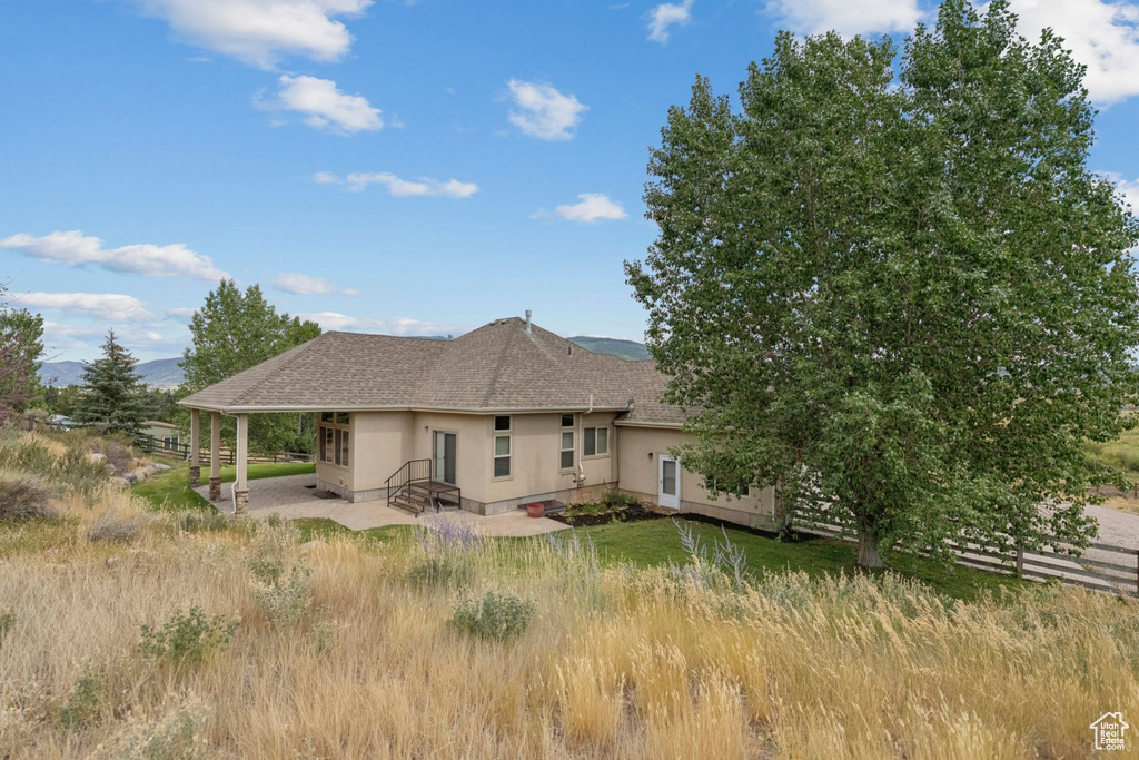 Rear view of property featuring a patio, roof with shingles, and stucco siding