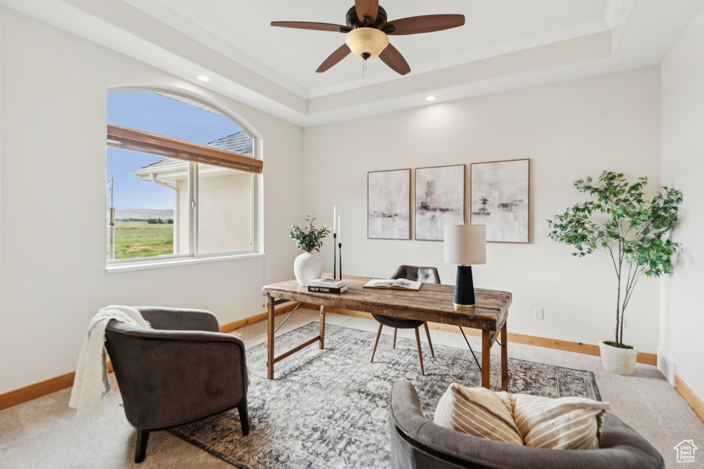 Home office featuring carpet floors, a tray ceiling, and a ceiling fan
