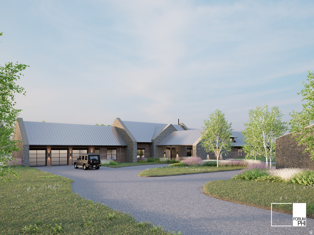 Stone and wood-finish exterior with multiple gabled metal roofs