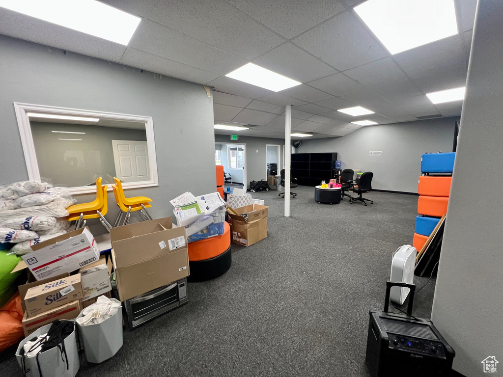 Below grade area with a drop ceiling and carpet floors