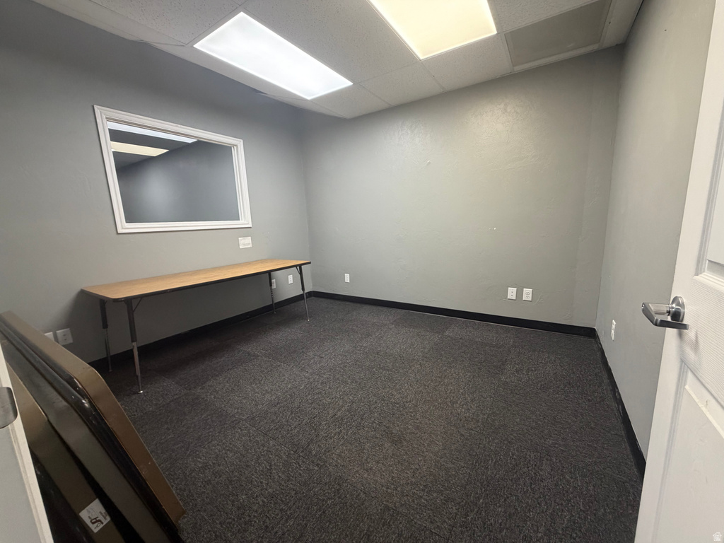Interior space featuring grey walls, dark grey carpet flooring, and a white interior door with a lever handle