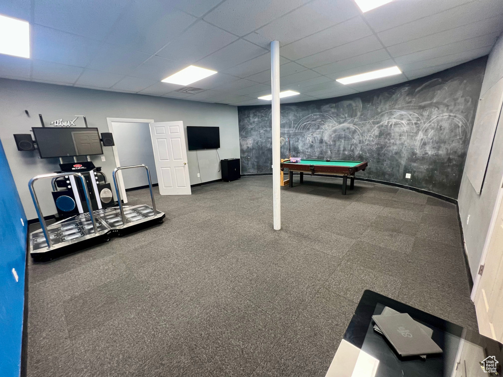 Recreation room featuring a drop ceiling and billiards