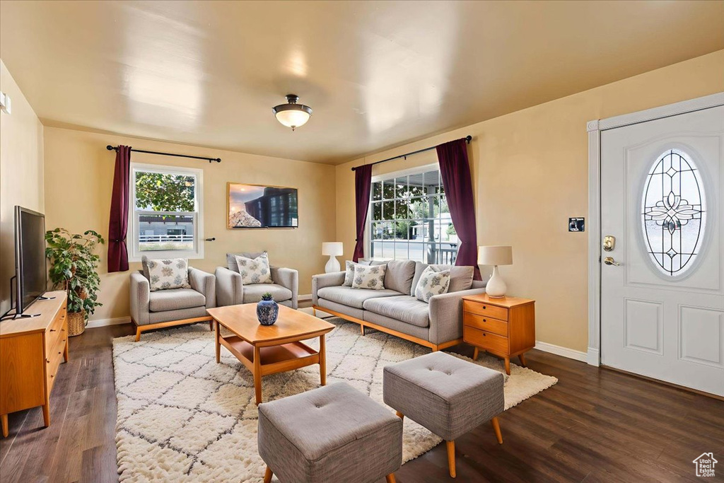 Living room featuring dark wood-style flooring
