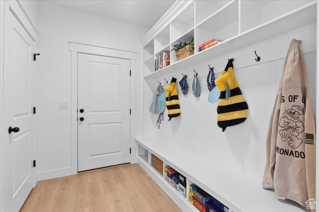 Mudroom with light wood-type flooring