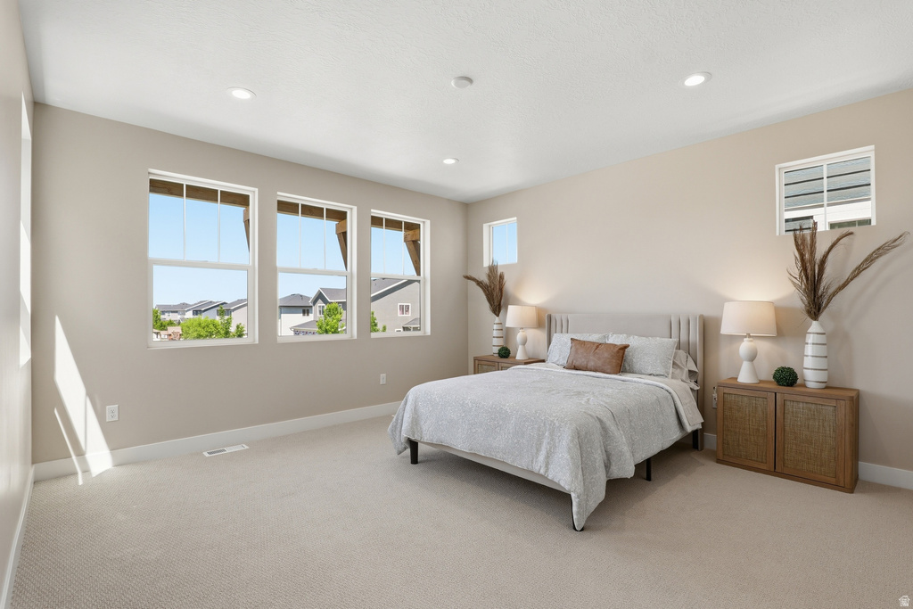 Spacious bedroom featuring neutral carpeting, recessed lighting, and multiple windows providing ample natural light