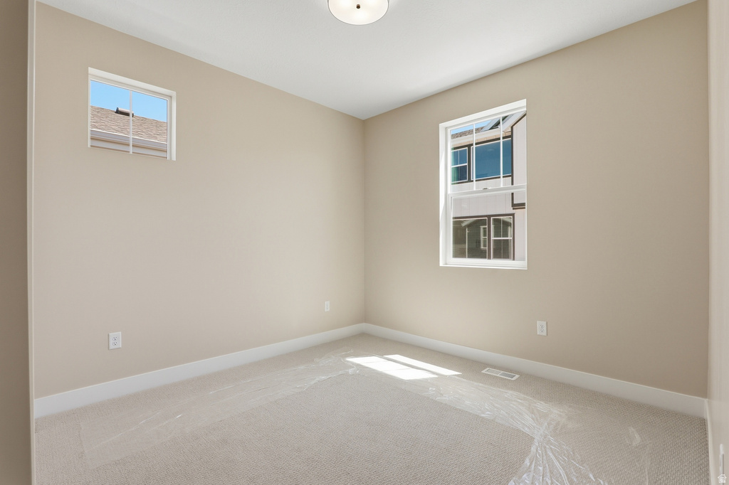 Neutral tone walls with white trim and carpeted flooring