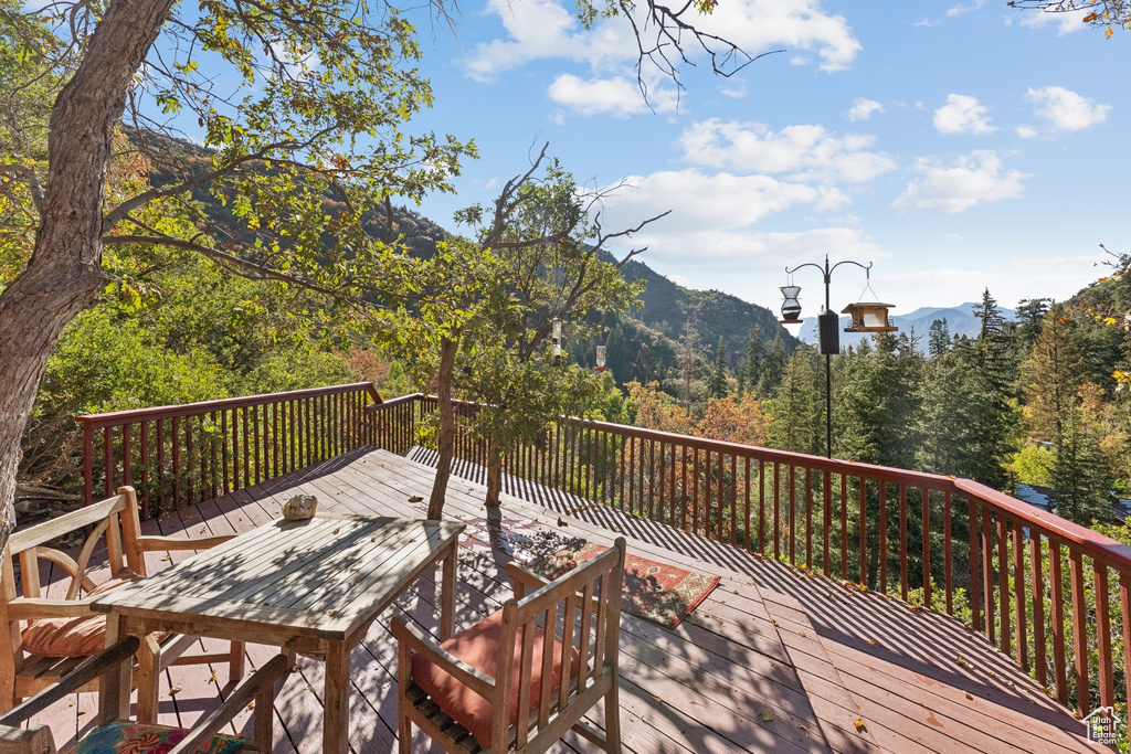 Deck featuring a mountain view