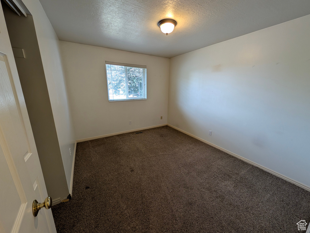 Carpeted spare room featuring a textured ceiling and baseboards