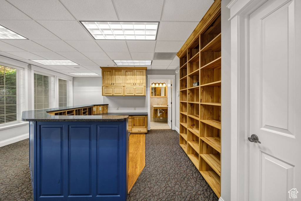 Kitchen with dark colored carpet, dark countertops, a drop ceiling, and open shelves