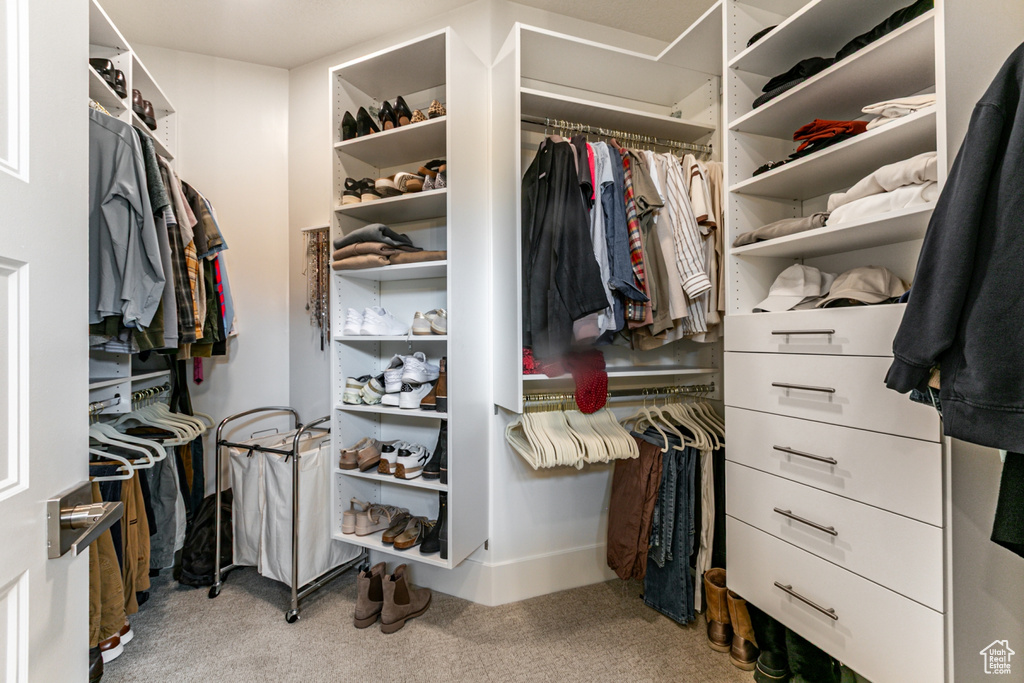 Walk in closet featuring light colored carpet