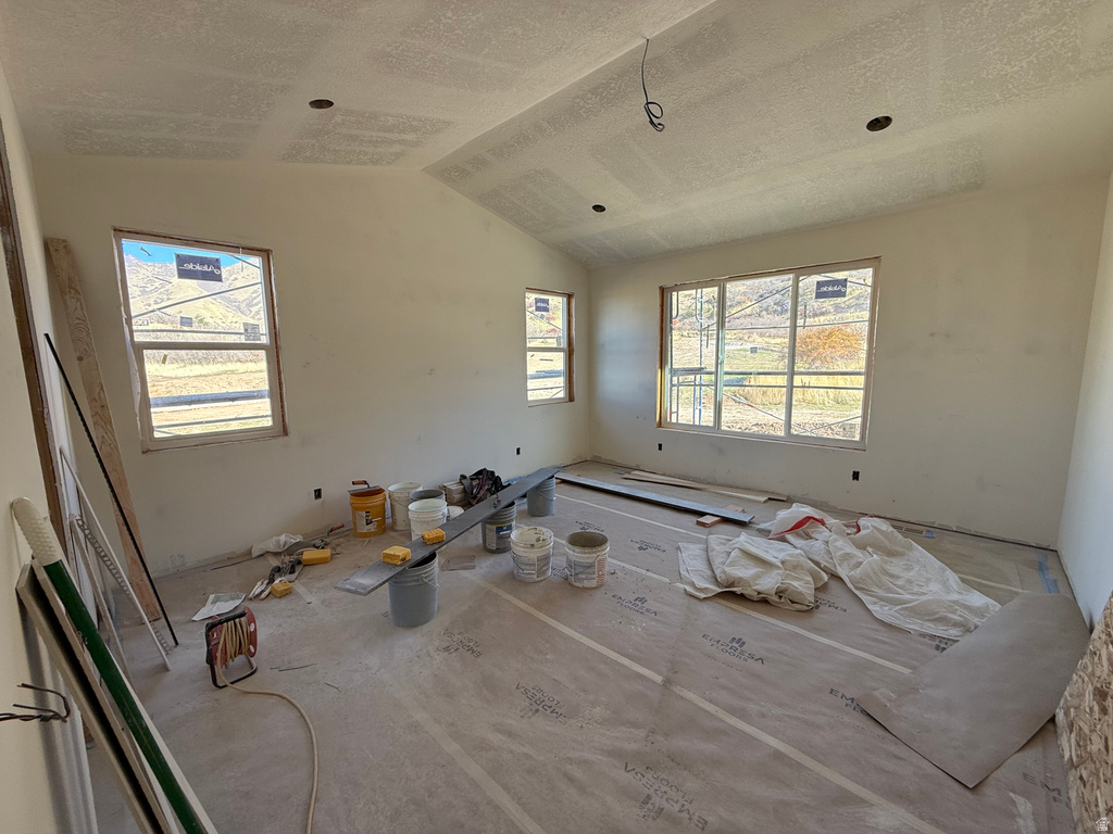 Unfurnished room with healthy amount of natural light and lofted ceiling