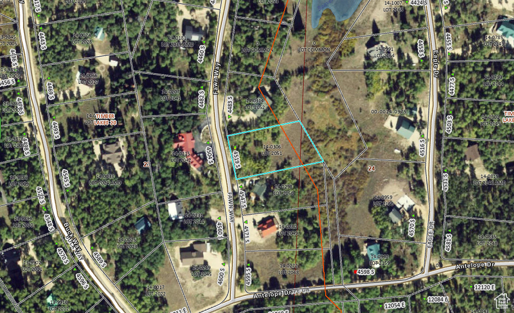 Aerial map of property and surrounding area with property parcel outlined