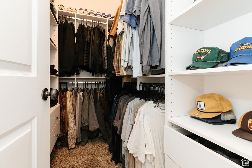 Walk in closet with dark colored carpet