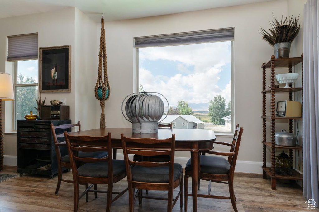 Dining space featuring light wood-style floors and baseboards