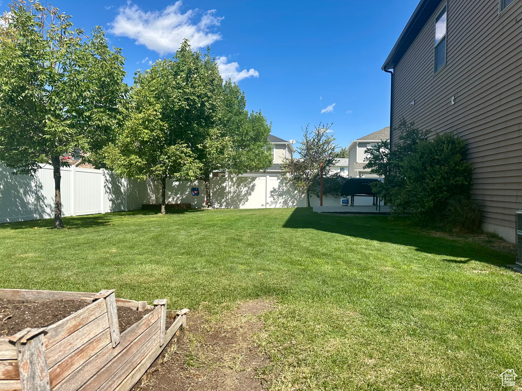 Fenced backyard with a vegetable garden