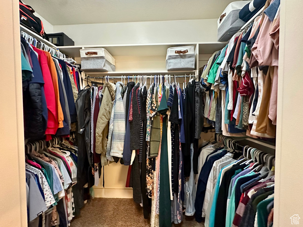 Spacious closet with dark colored carpet