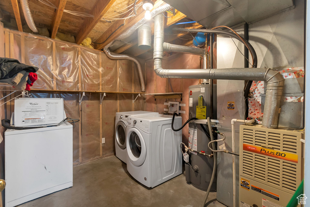 Washroom with gas water heater, heating unit, and washer and clothes dryer