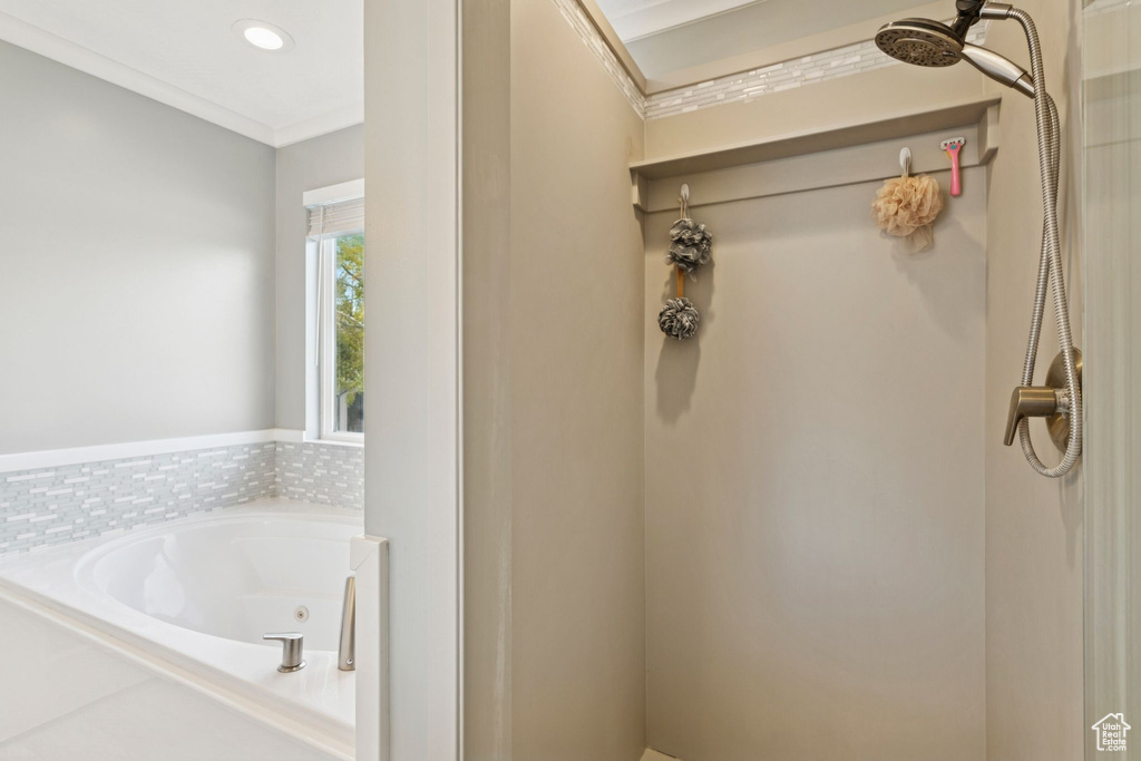 Bathroom featuring a whirlpool tub and ornamental molding