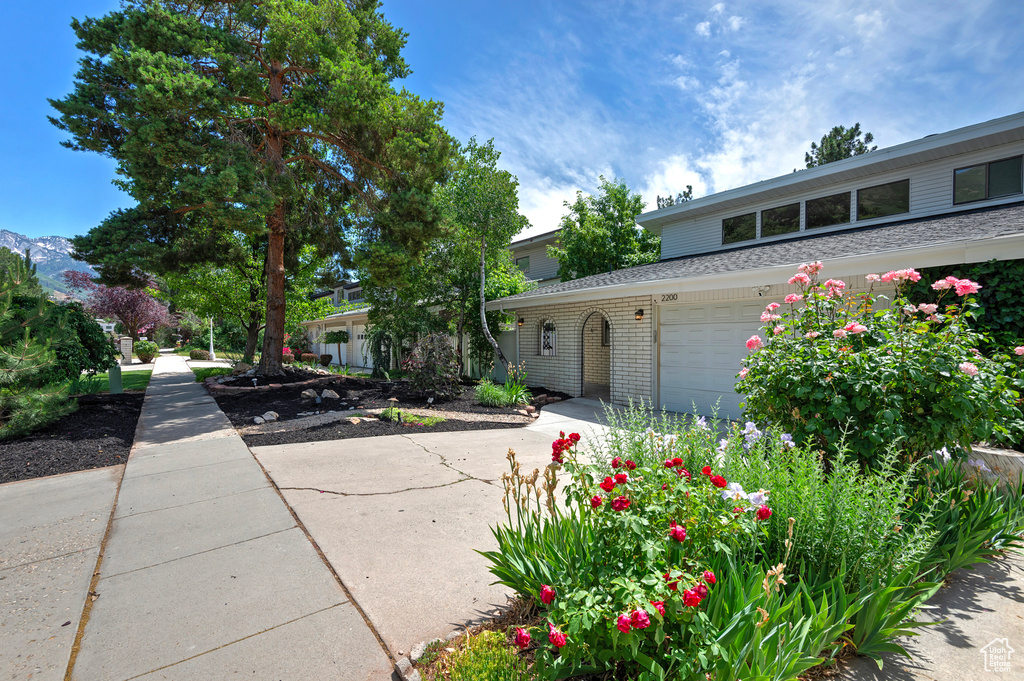 View of front of house with brick siding and a shingled roof