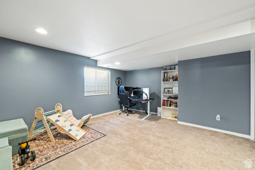 Carpeted home office featuring recessed lighting