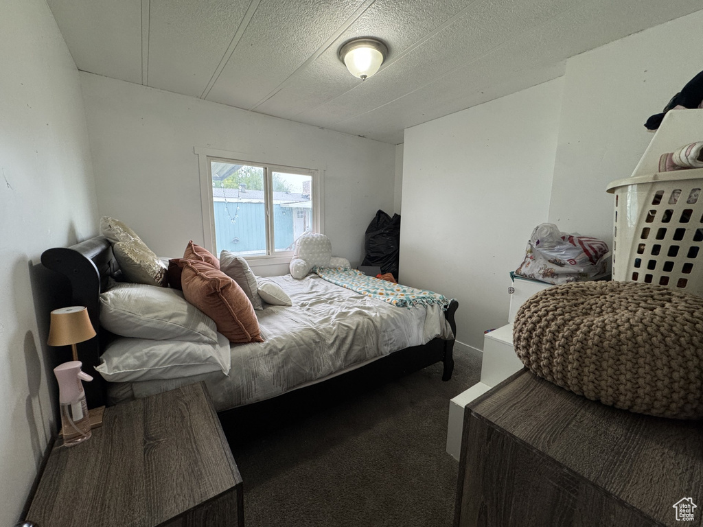 Carpeted bedroom featuring a textured ceiling