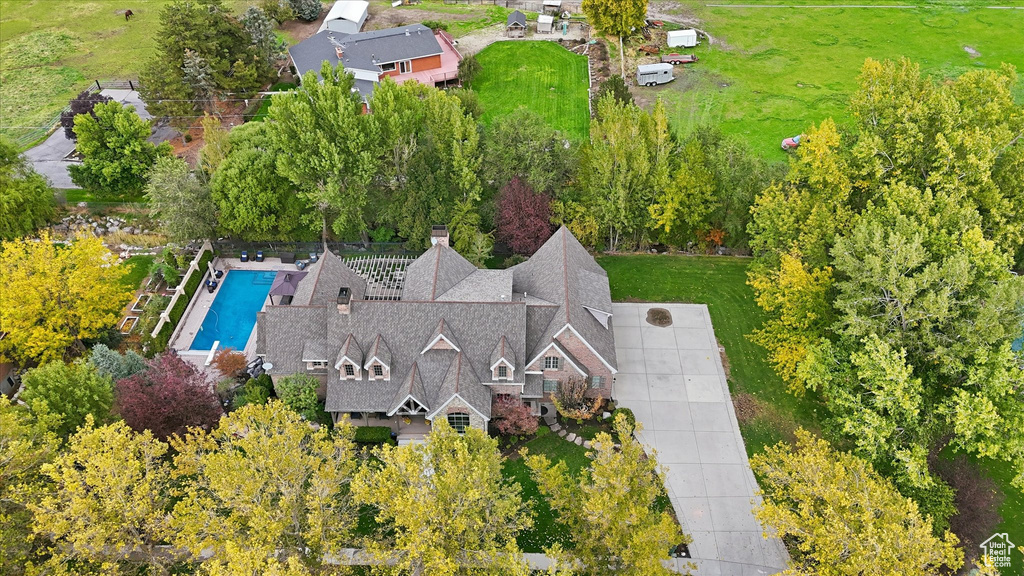 View from above of property with a pool area
