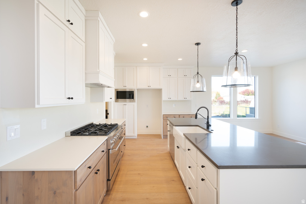 Kitchen featuring white cabinets, appliances with stainless steel finishes, light wood-type flooring, and recessed lighting