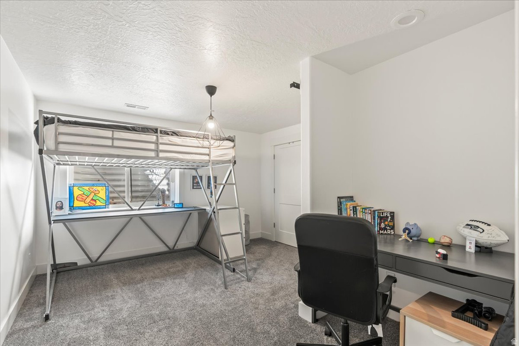 Office area featuring light colored carpet and a textured ceiling