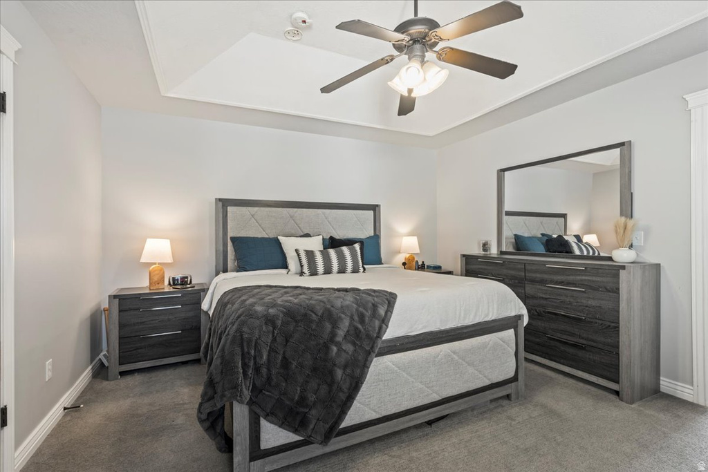 Carpeted bedroom with a raised ceiling and ceiling fan
